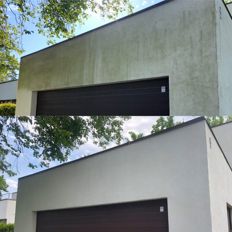 Valgest krohvist fassaadiga garaaži fassaadipesu võrdlus enne ja pärast, tehtud tööde pilt